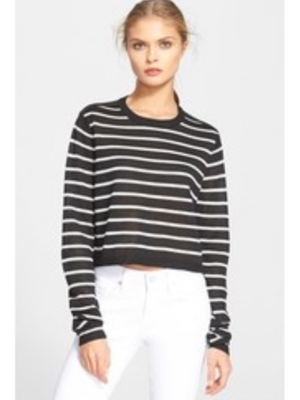TIBI Black and White Striped Crew Neck Crop Top Sweater